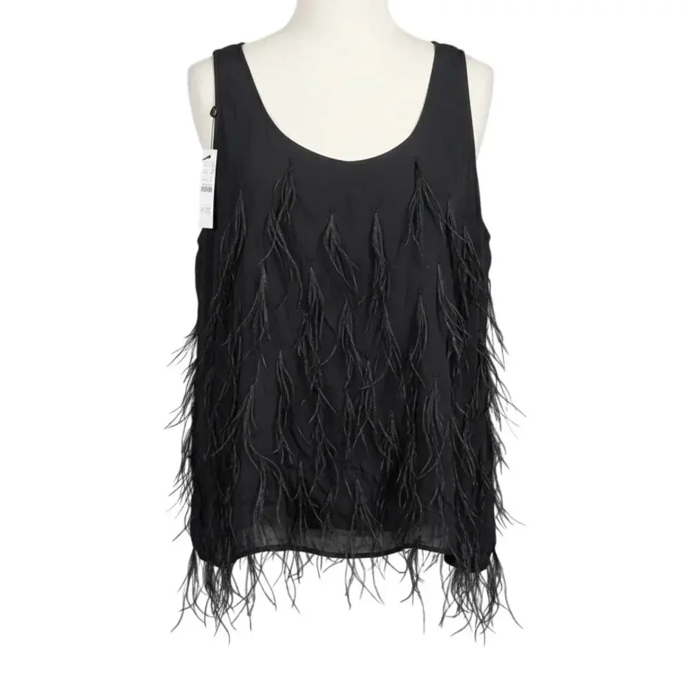 J. Crew Women's Feather-Embellished Tank Top in Chiffon Black Size Small NWT